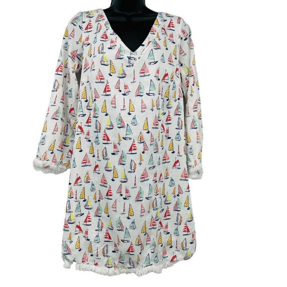 Persifor Brie Boat Dress Womens M Bateau Tunic Style Double V Neck Fringe Cotton